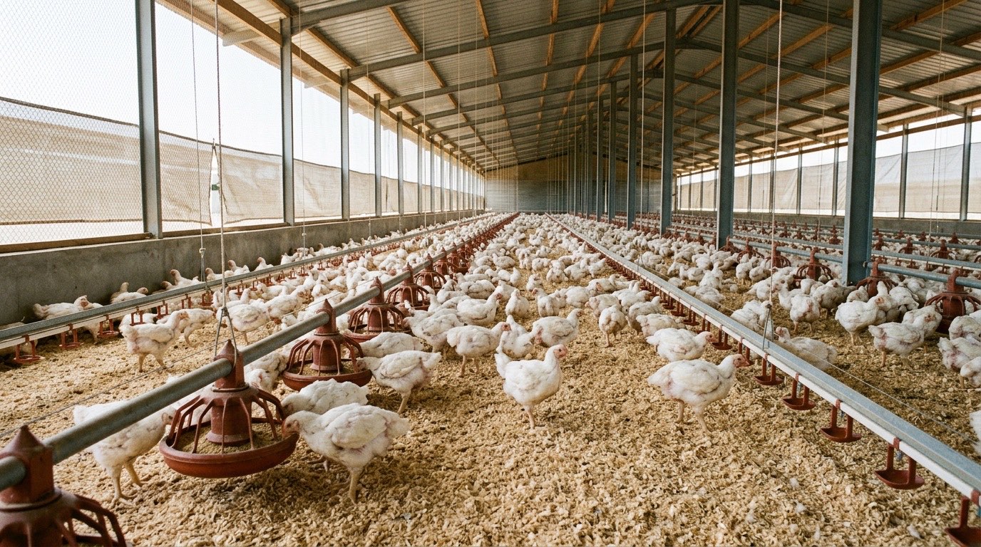 Ventilated poultry house with broiler chickens